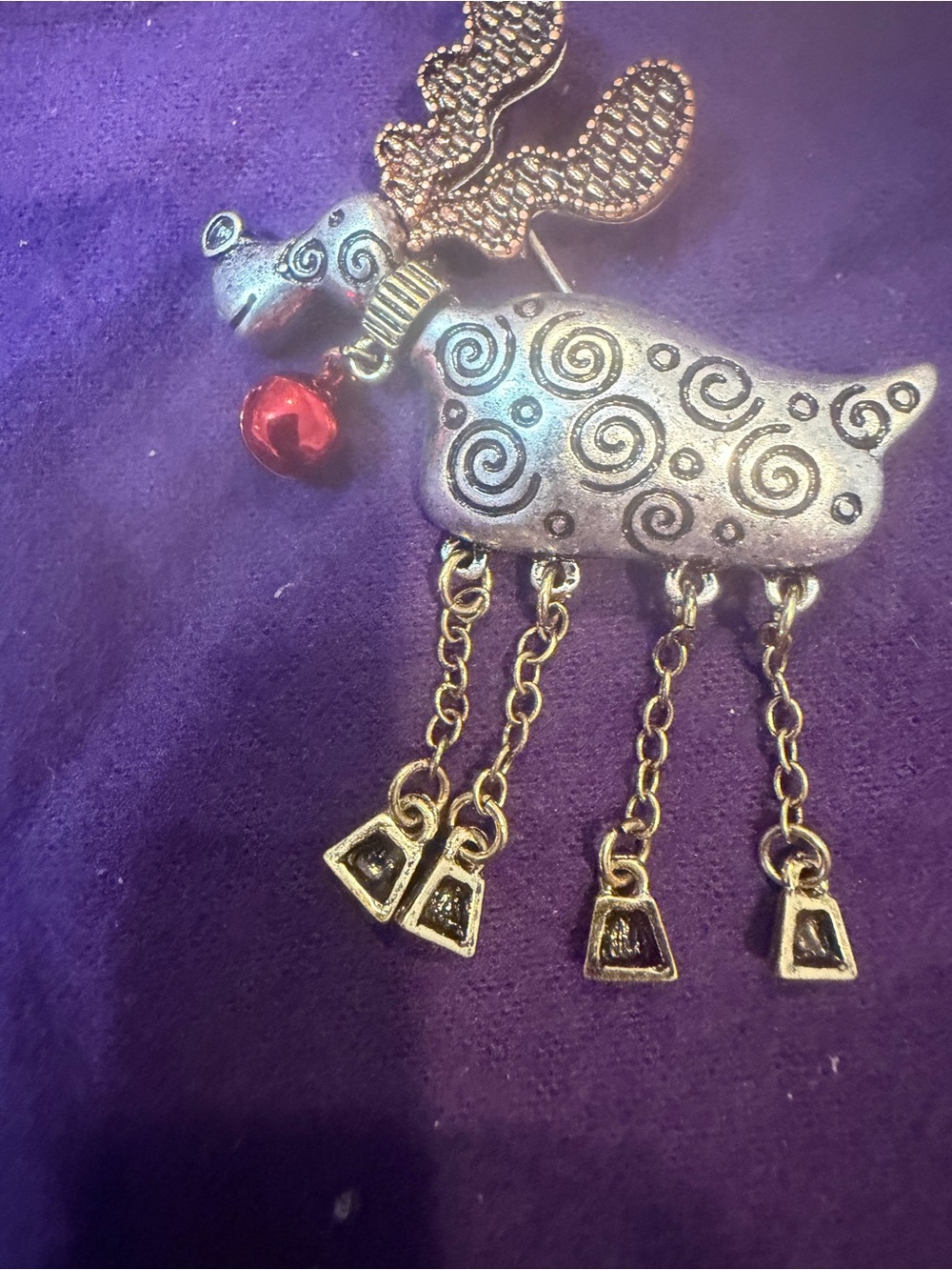 Silver-tone Reindeer Dangle Brooch with Red Bell